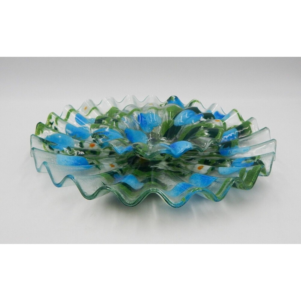 Sydenstricker Blue Strawberry Fused Glass Plate Bowl Ruffled Edge 2 PC Signed
